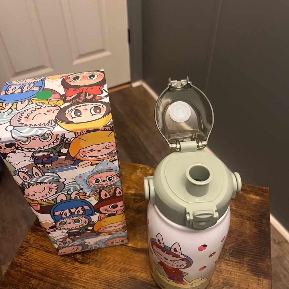 Labubu Cartoon Character Water Bottle with Sage Green Lid - Picture 2 of 4